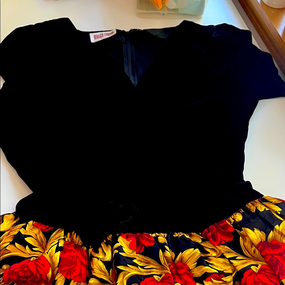 Vintage Maggy London Black Velvet Dress with flowy skirt with Floral Accents.